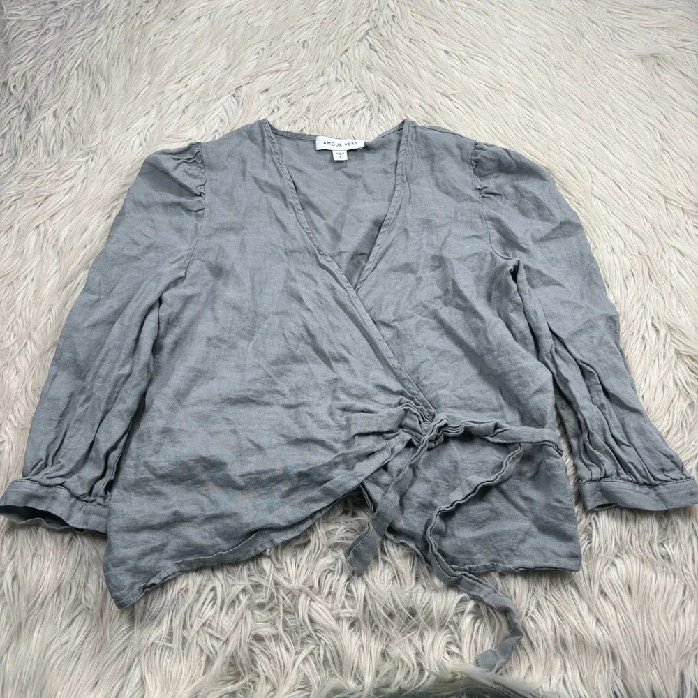 Amour Vert Women's S Gray Wrap Blouse 3/4 Sleeve Cottagcore Coastal Preppy - Picture 1 of 6